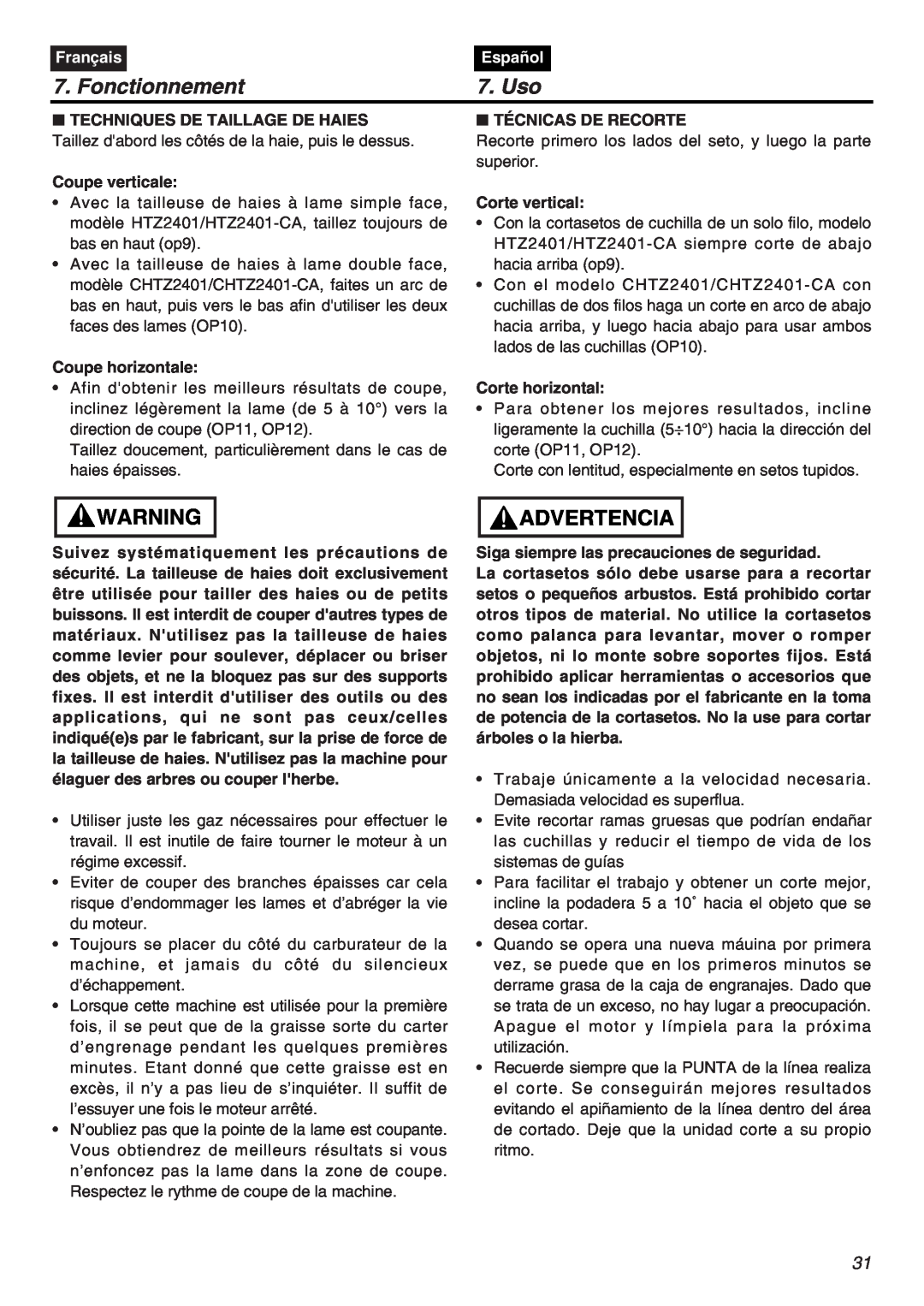 RedMax CHTZ2401L-CA, CHTZ2401-CA manual Fonctionnement, Uso, Advertencia, Français, Español 