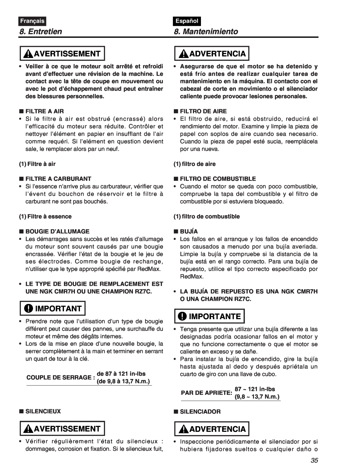 RedMax CHTZ2401L-CA, HTZ2401-CA manual Entretien, Mantenimiento, Avertissement, Advertencia, Importante, Français, Español 