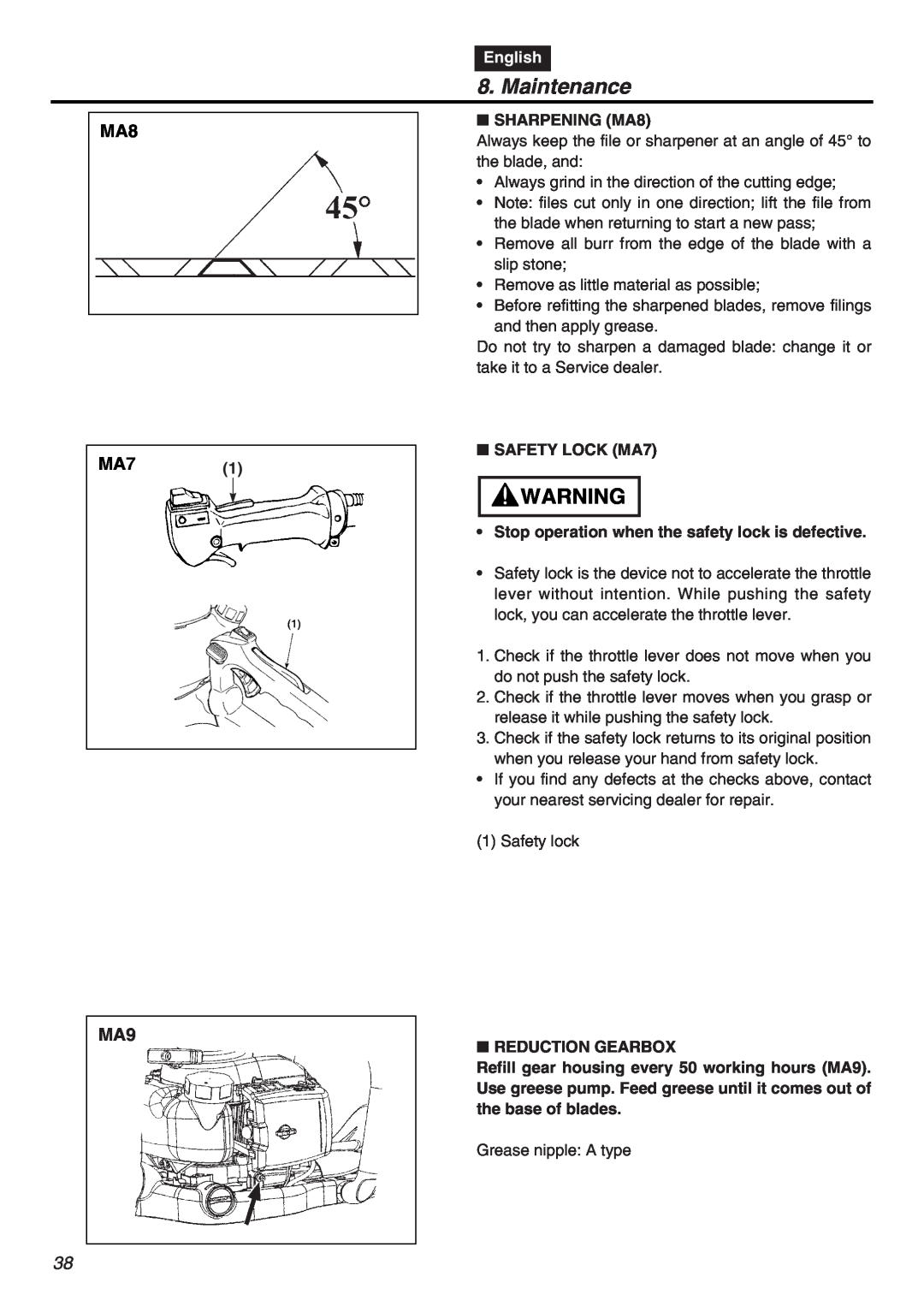 RedMax CHTZ2401-CA Maintenance, English, SHARPENING MA8, SAFETY LOCK MA7, Stop operation when the safety lock is defective 