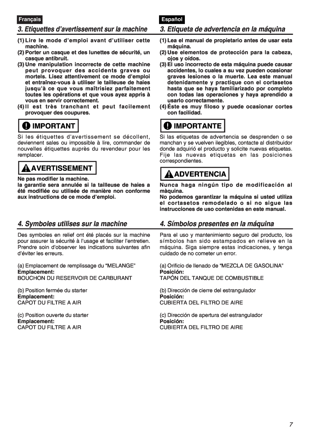 RedMax CHTZ2401L-CA manual Symboles utilises sur la machine, 4. Símbolos presentes en la máquina, Avertissement, Importante 