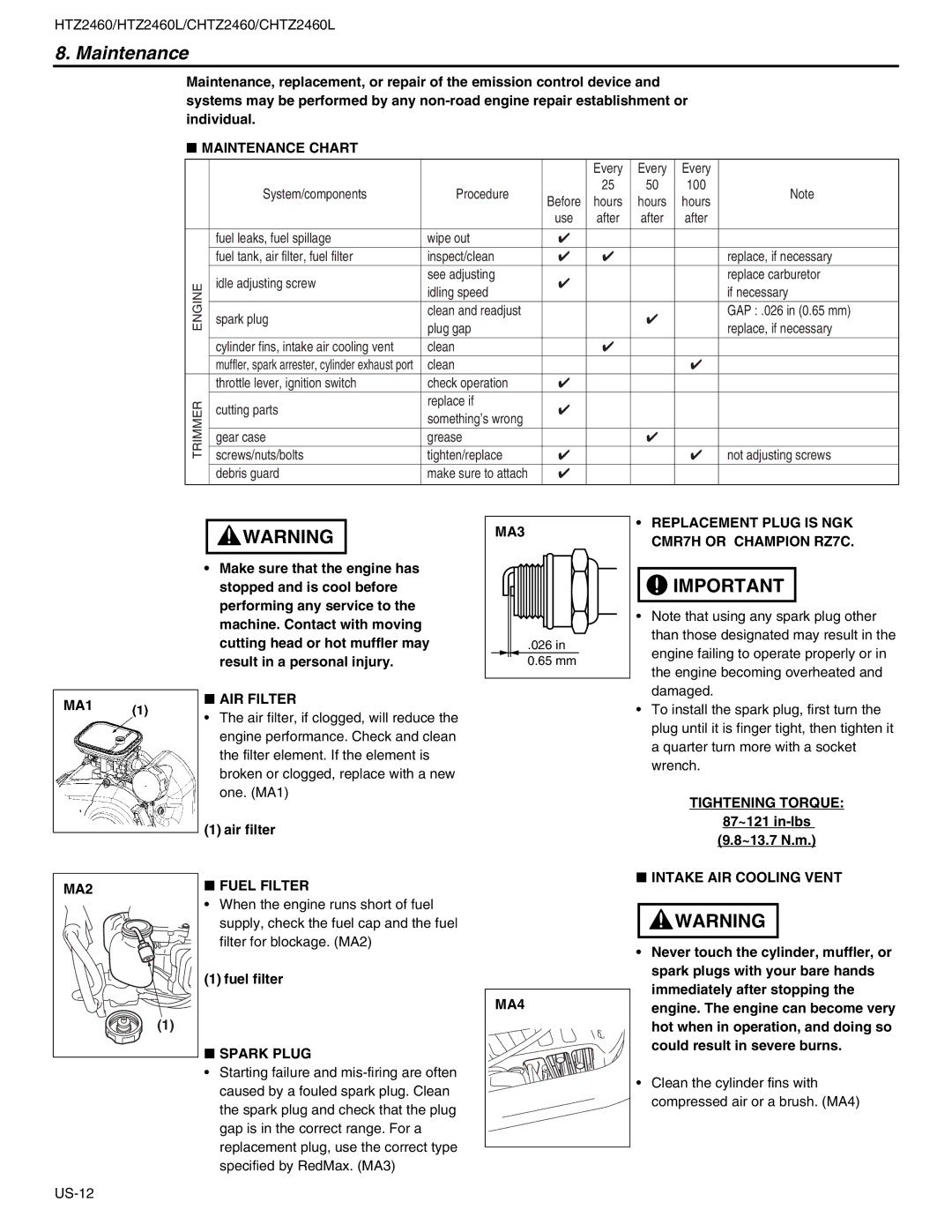 RedMax CHTZ2460L manual Maintenance 