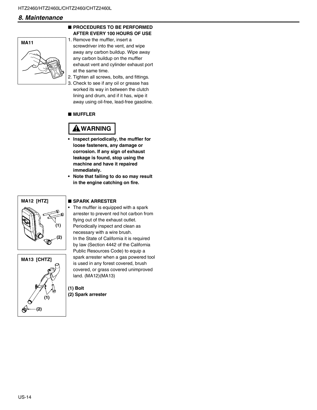 RedMax CHTZ2460L manual Procedures to be Performed After Every 100 Hours of USE, Muffler, MA13 Chtz, Spark Arrester 