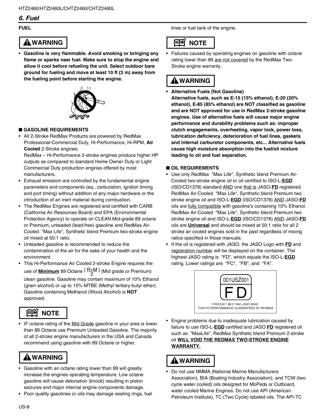 RedMax CHTZ2460L manual Fuel, Gasoline Requirements, OIL Requirements, Warranty 