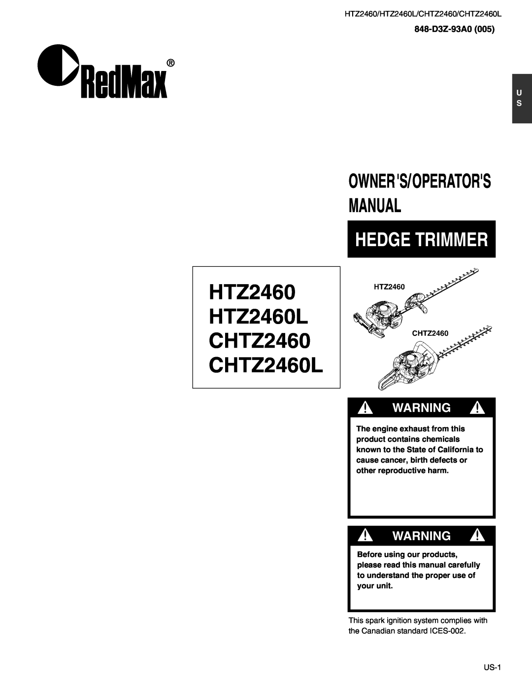 RedMax manual 848-D3Z-93A0, HTZ2460 HTZ2460L CHTZ2460 CHTZ2460L, Manual, Hedge Trimmer, Owners/Operators 