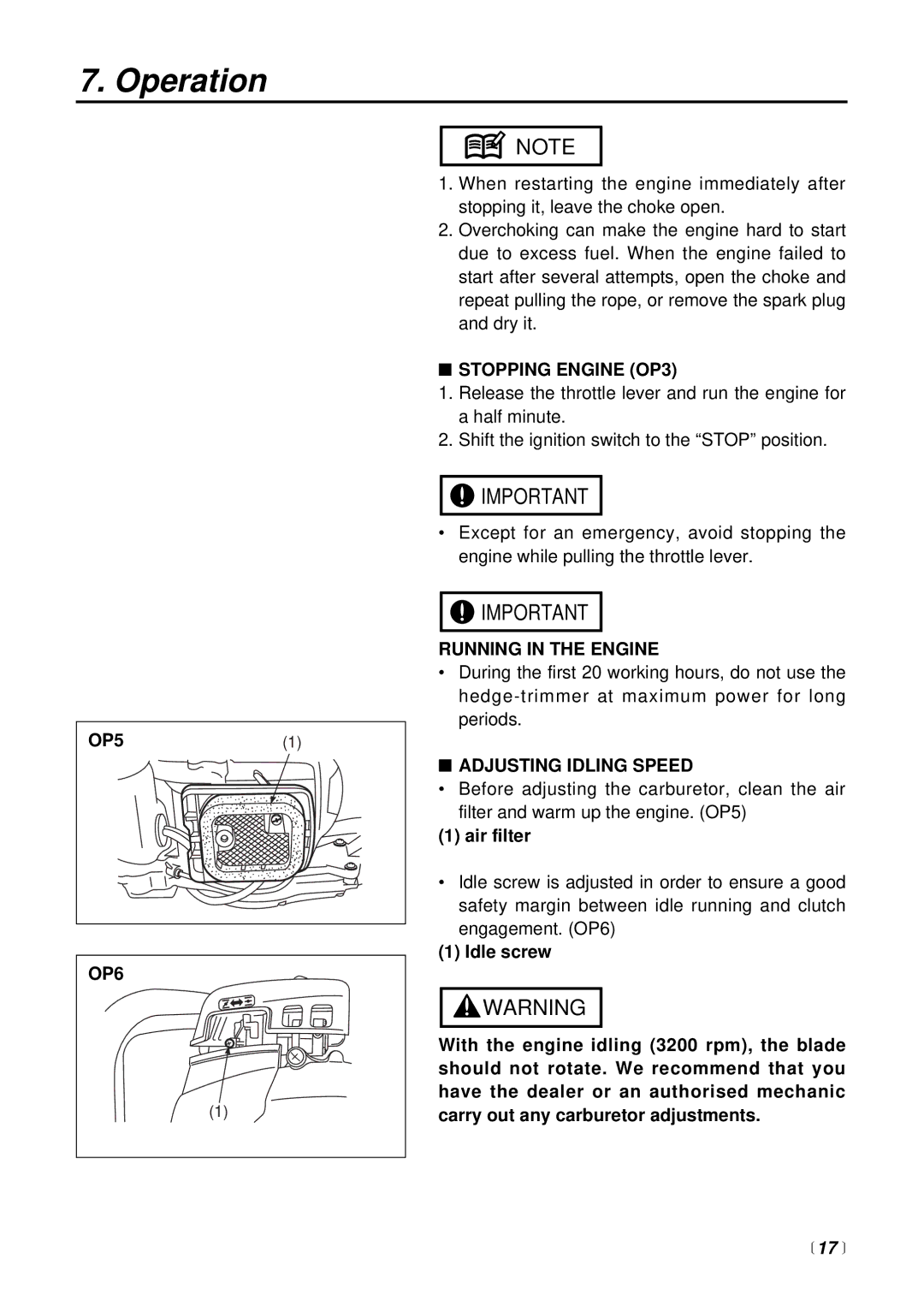 RedMax CHTZ2500 manual OP6, Stopping Engine OP3, Running in the Engine, Adjusting Idling Speed,  17  