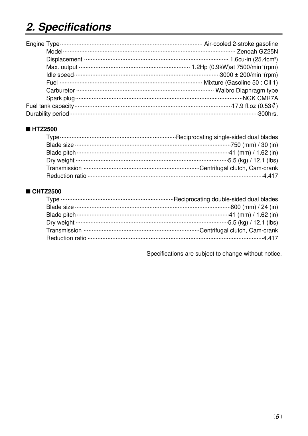 RedMax CHTZ2500 manual Specifications,  5  