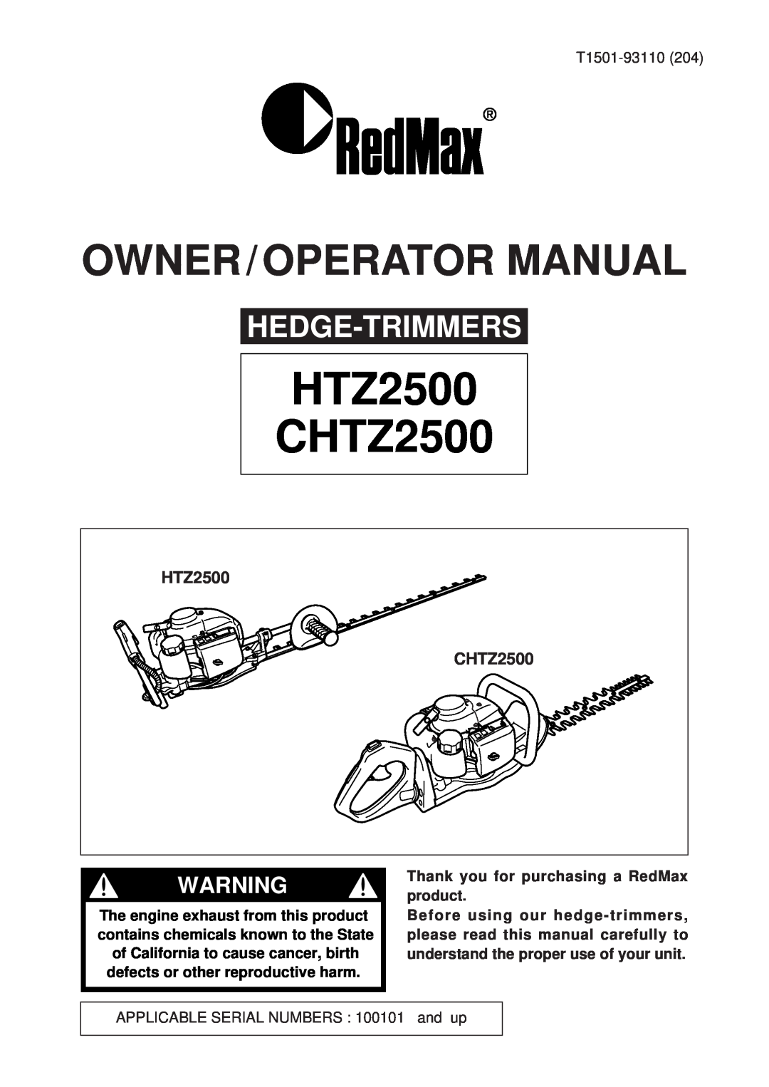 RedMax manual HTZ2500 CHTZ2500, Hedge-Trimmers, Owner / Operator Manual 