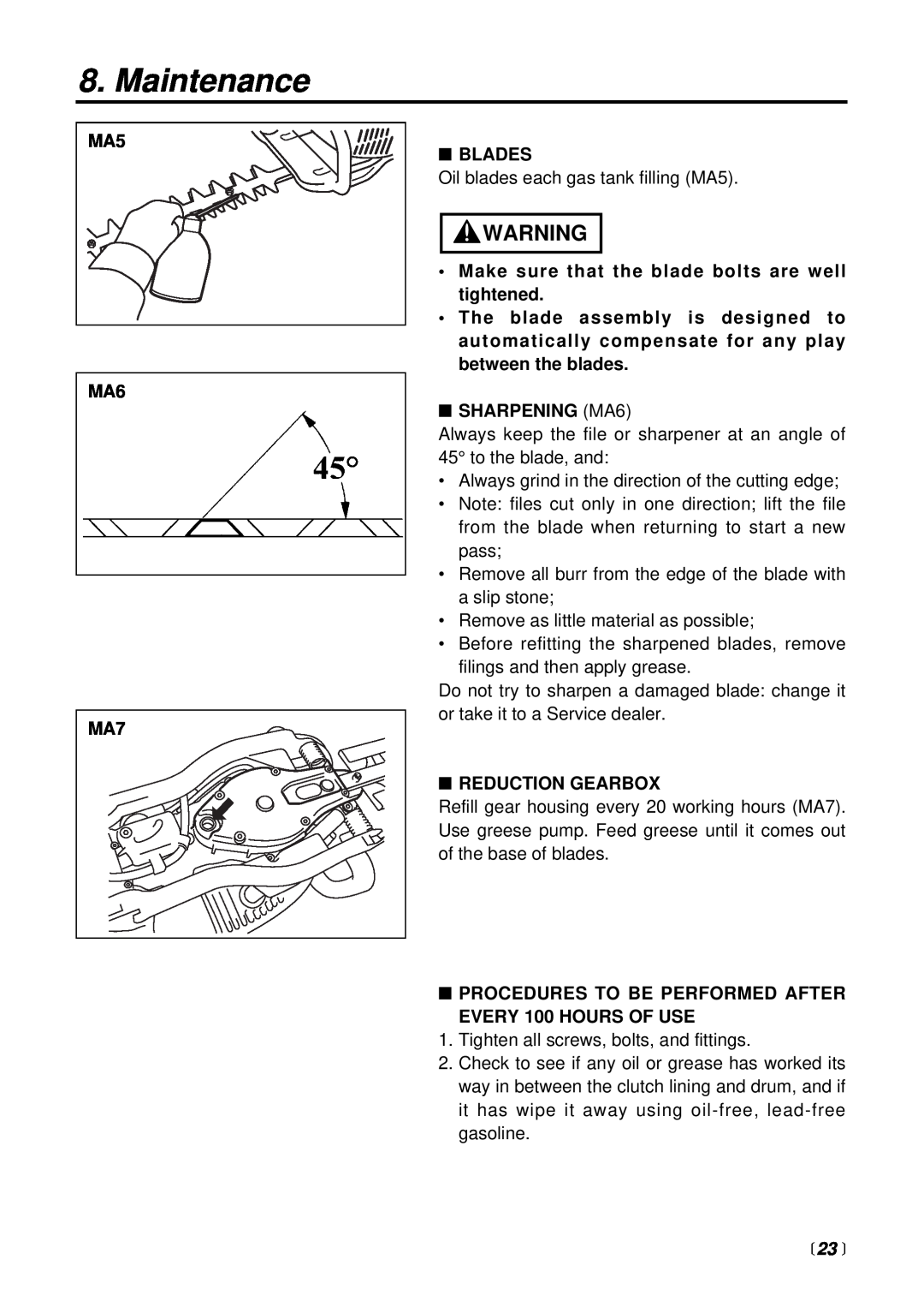 RedMax CHTZ2500 manual  23 , Maintenance, Blades, Make sure that the blade bolts are well tightened, SHARPENING MA6 