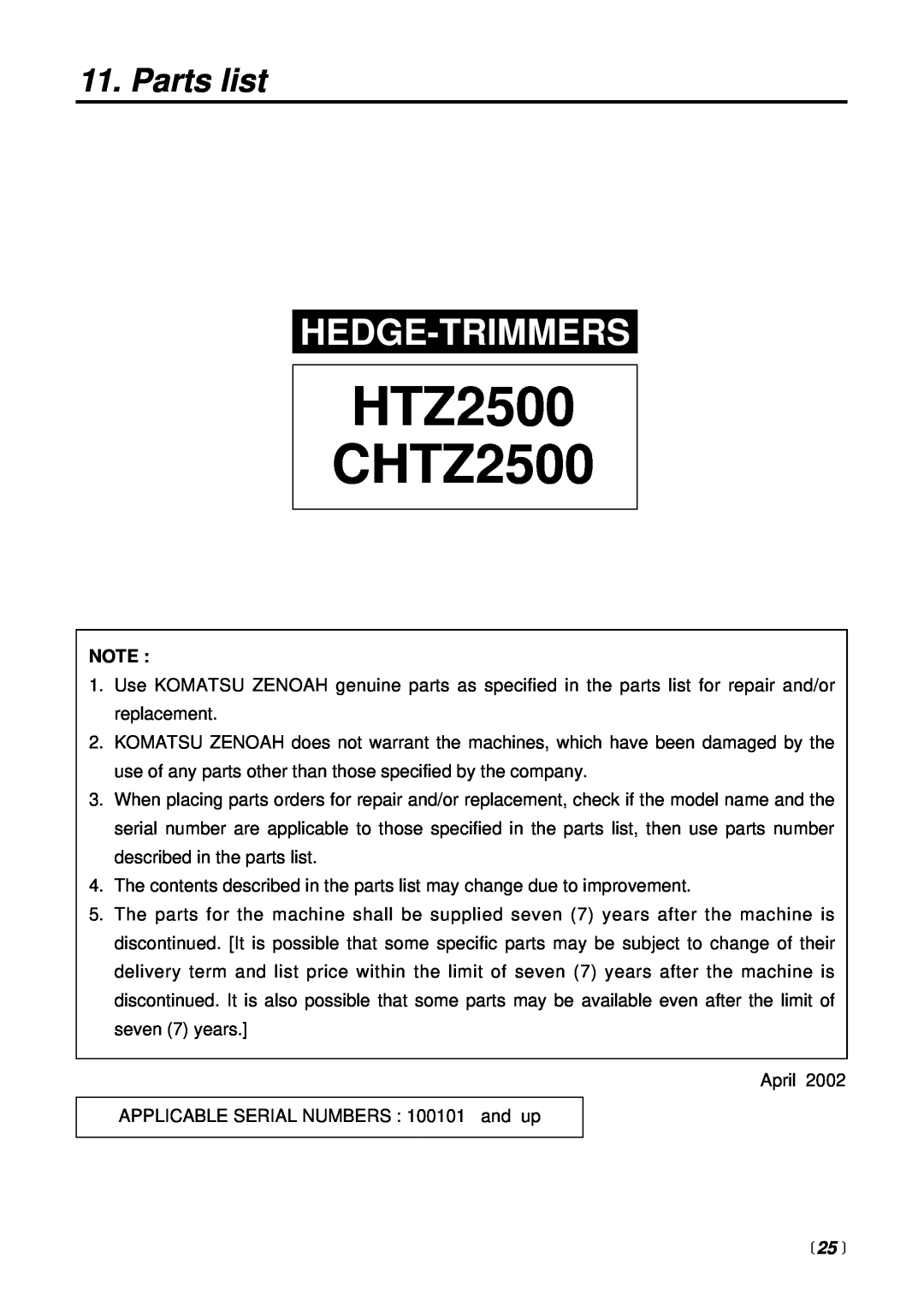 RedMax manual Parts list,  25 , HTZ2500 CHTZ2500, Hedge-Trimmers 