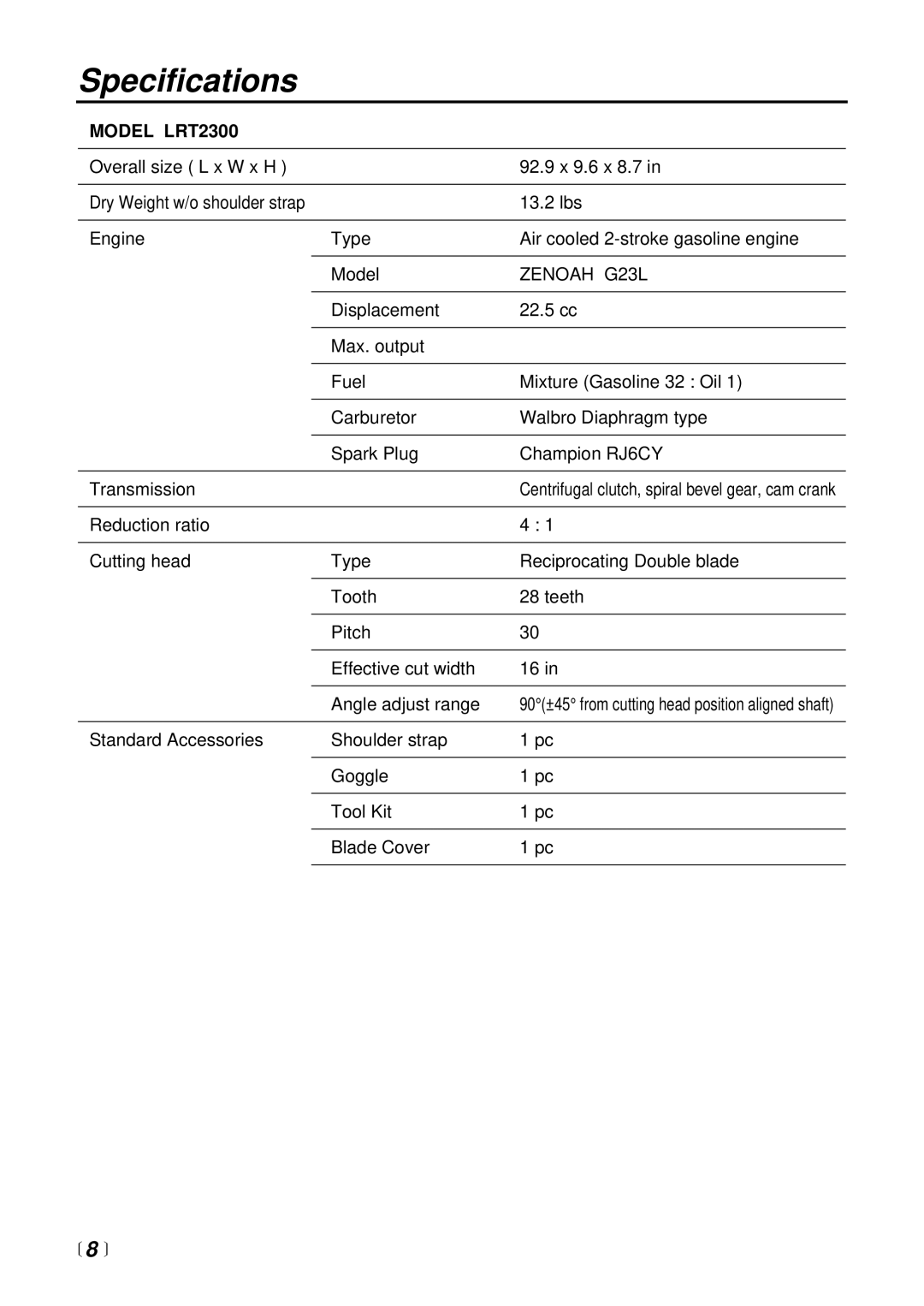 RedMax manual Specifications, Model LRT2300 