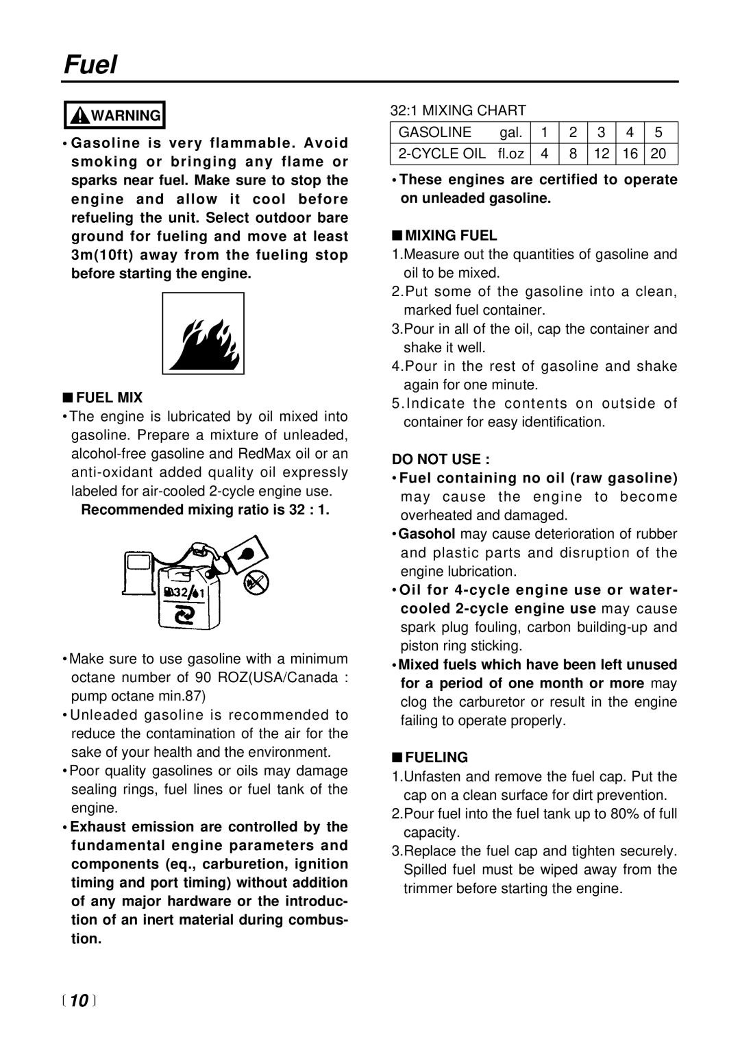 RedMax LRT2300 manual Fuel MIX, Mixing Fuel, Do not USE, Fueling 