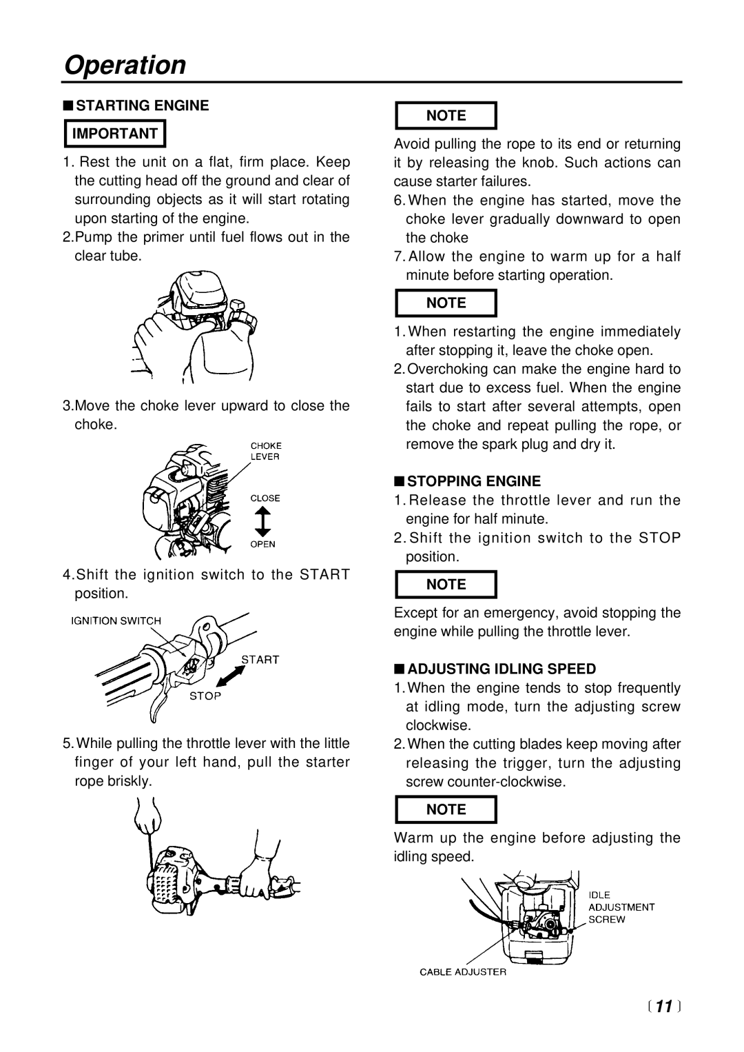 RedMax LRT2300 manual Operation, Starting Engine Important, Stopping Engine, Adjusting Idling Speed 