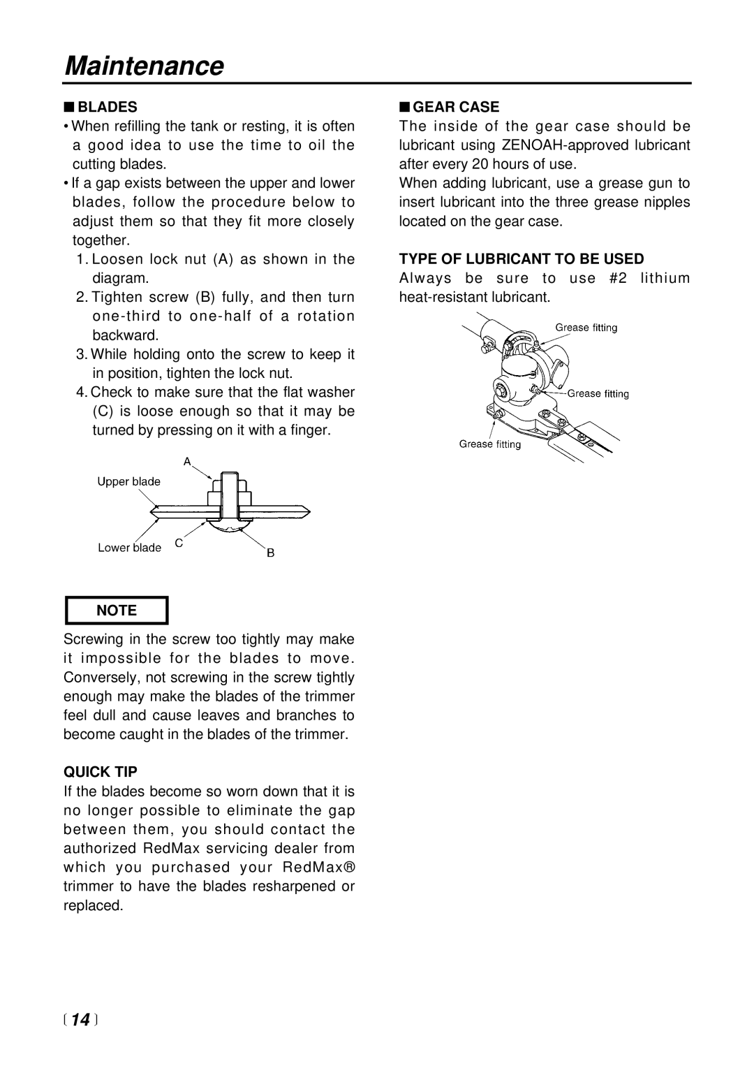 RedMax LRT2300 manual Blades, Quick TIP, Gear Case, Type of Lubricant to be Used 