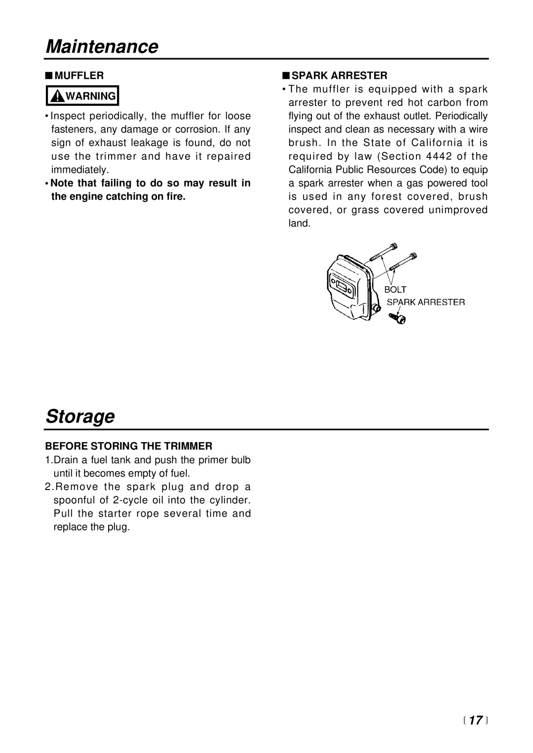 RedMax LRT2300 manual Storage, Muffler, Spark Arrester, Before Storing the Trimmer 