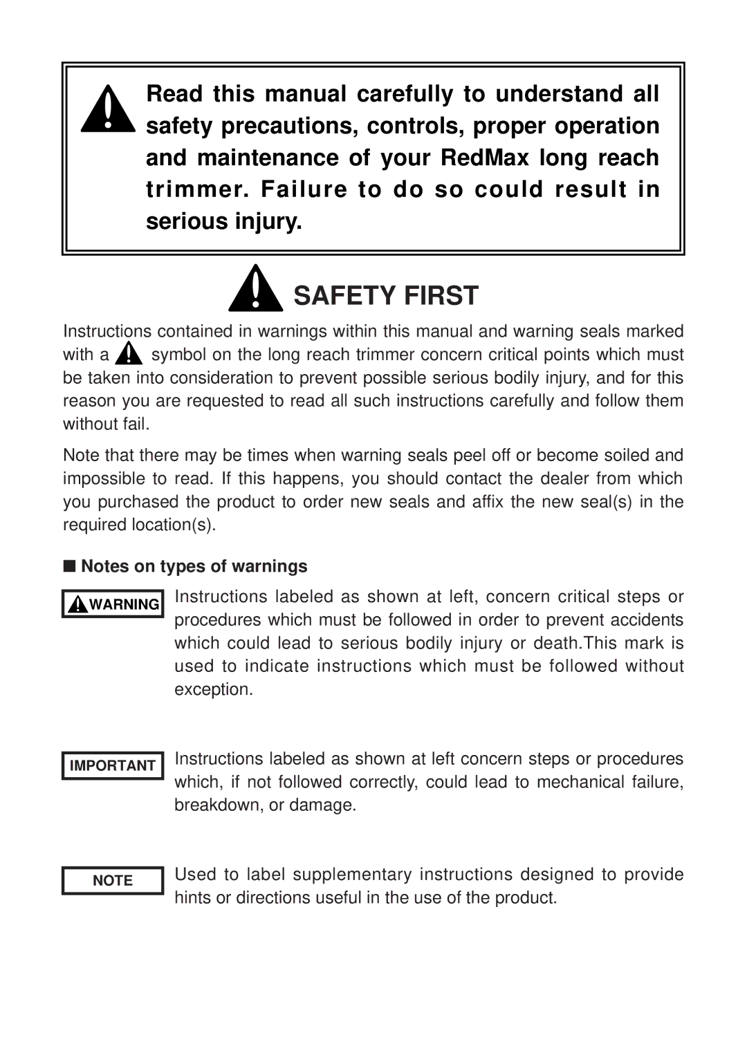 RedMax LRT2300 manual Safety First 