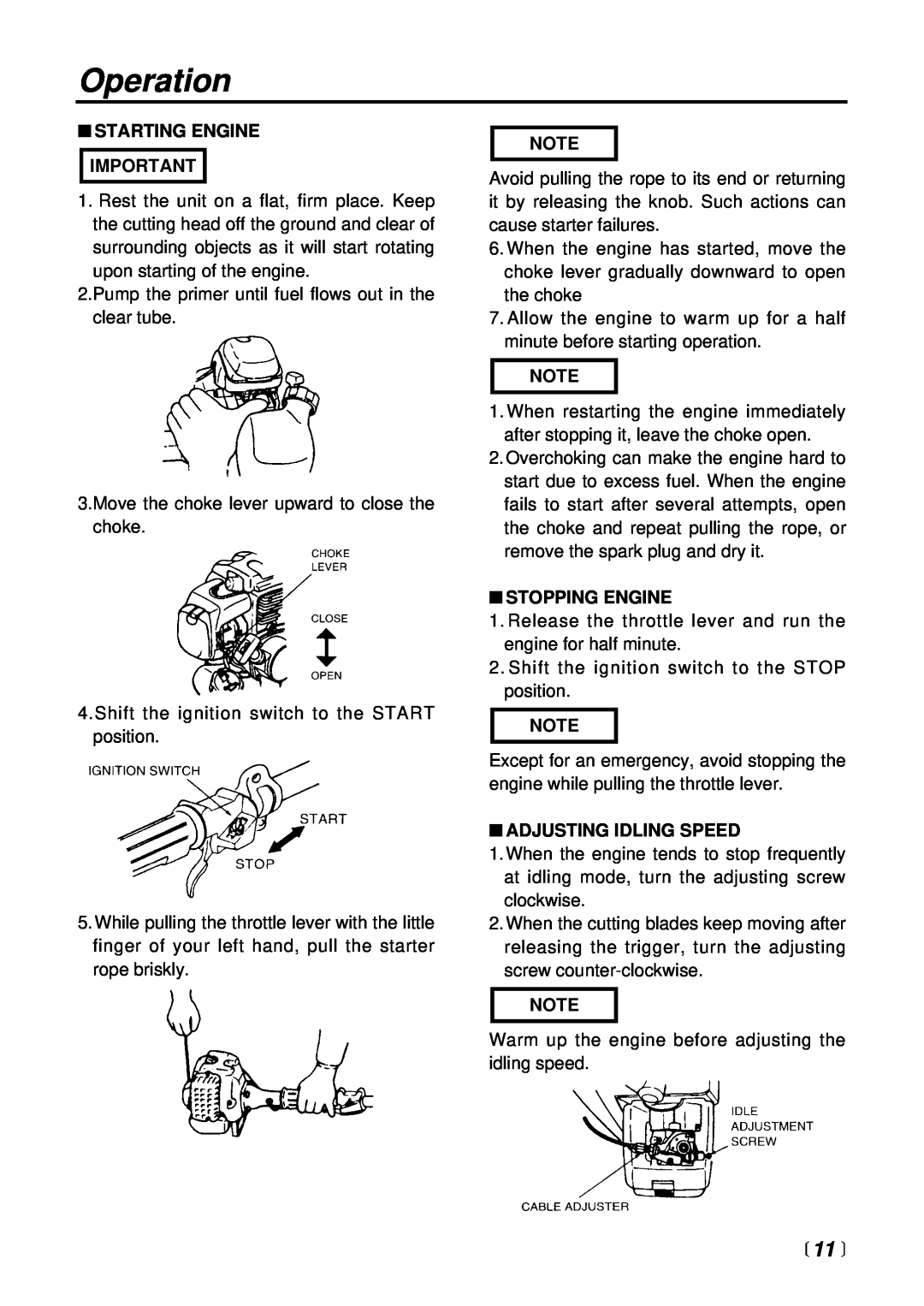 RedMax LRT2300 manual Operation,  11 , Starting Engine Important, Stopping Engine, Adjusting Idling Speed 