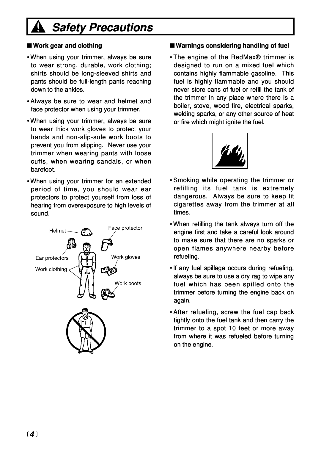 RedMax LRT2300 manual Safety Precautions,  4 , Work gear and clothing, Warnings considering handling of fuel 
