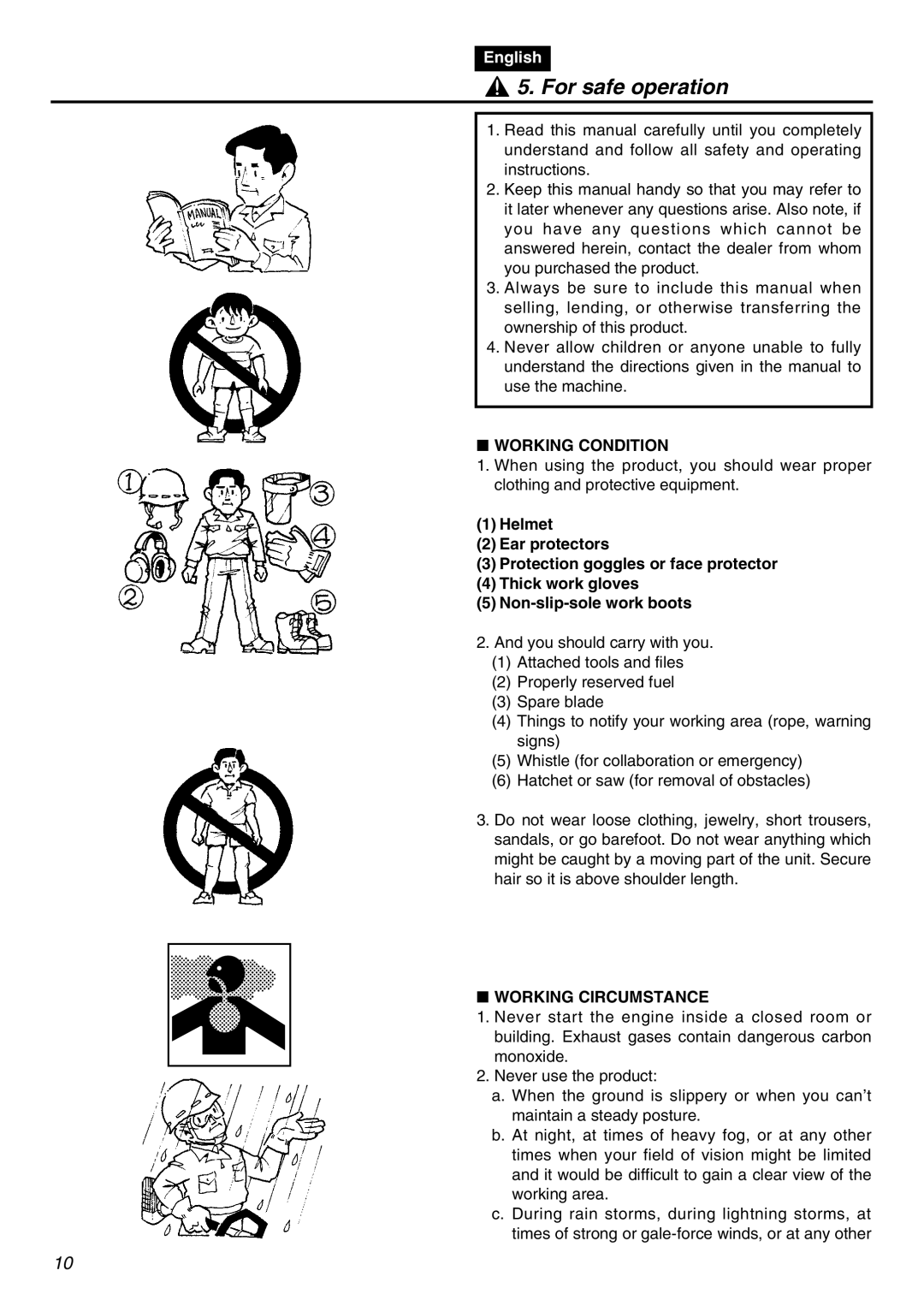 RedMax LRTZ2401-CA manual For safe operation, Working Condition, Working Circumstance 