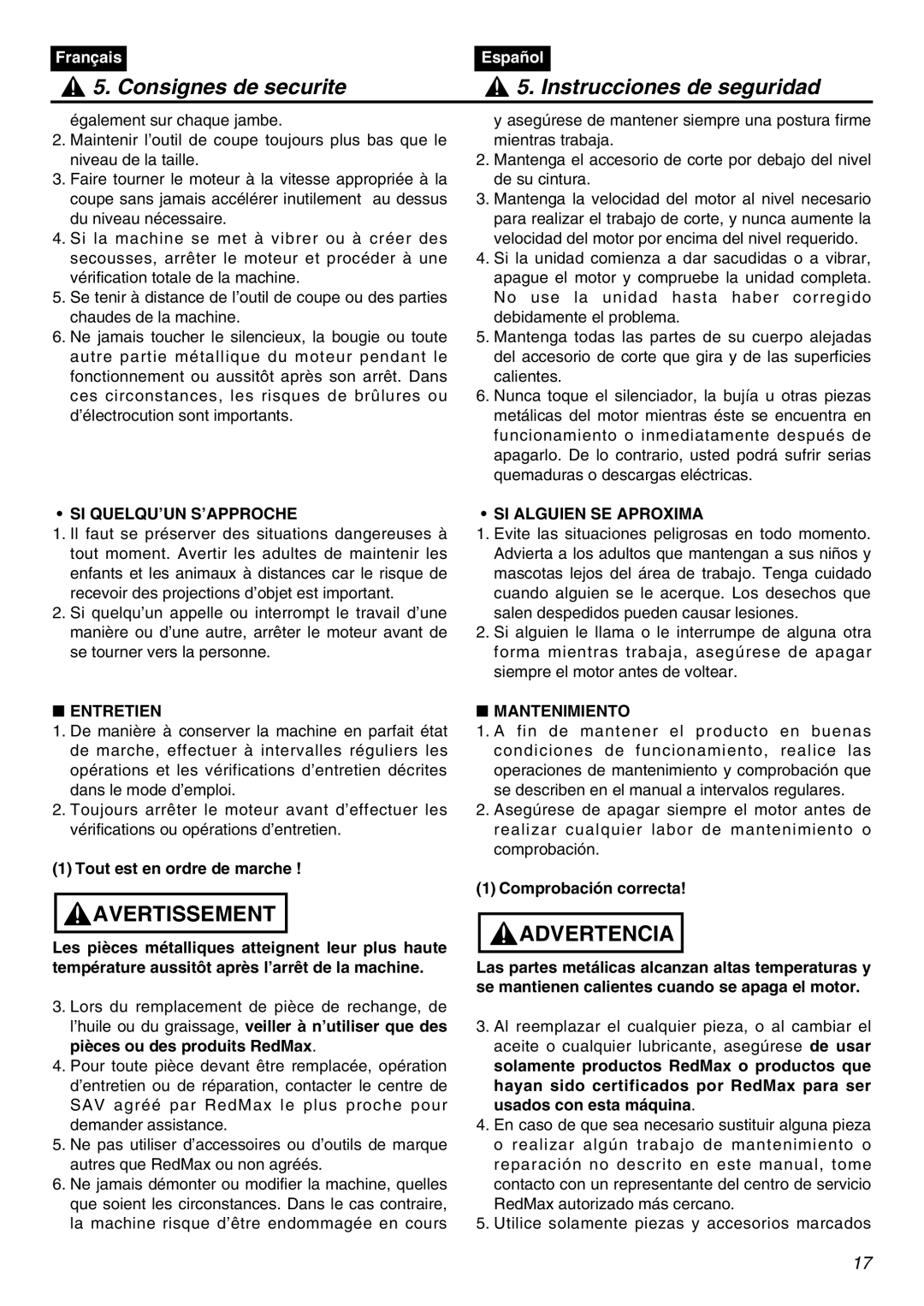 RedMax LRTZ2401-CA SI QUELQU’UN S’APPROCHE SI Alguien SE Aproxima, Entretien, Tout est en ordre de marche, Mantenimiento 