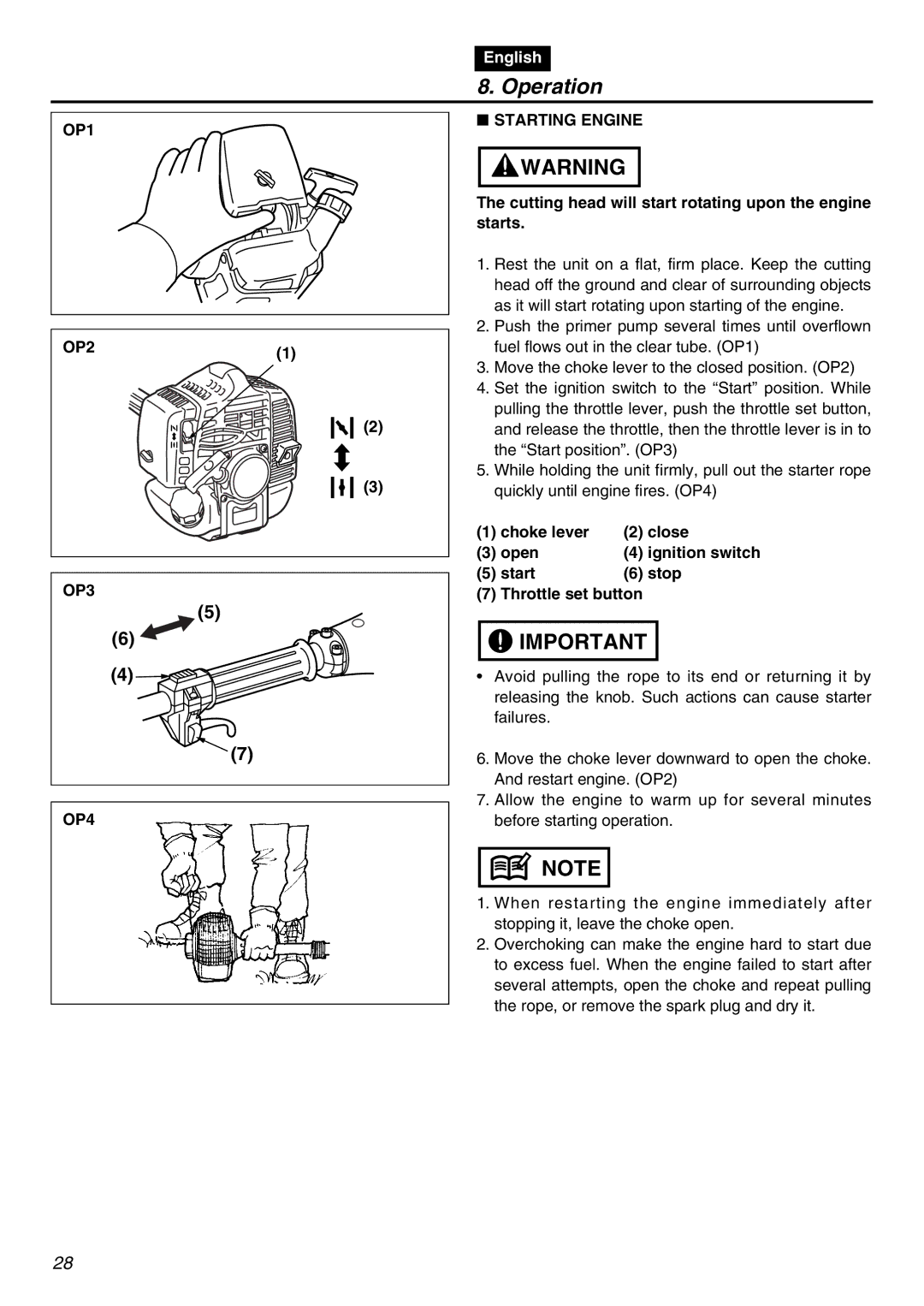 RedMax LRTZ2401-CA Operation, OP1 OP2 OP3 OP4 Starting Engine, Cutting head will start rotating upon the engine starts 