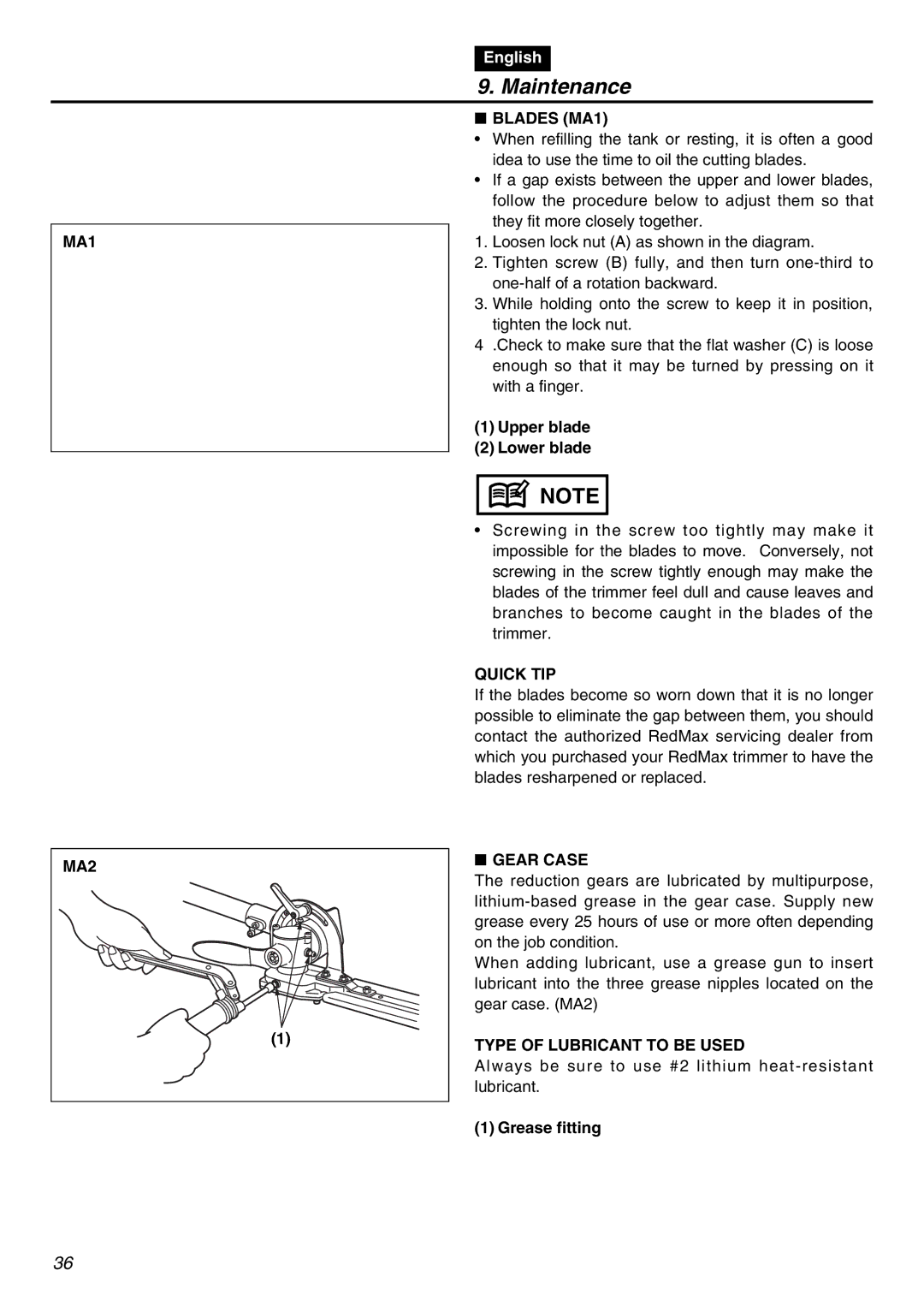 RedMax LRTZ2401-CA manual Blades MA1, Quick TIP, MA2, Gear Case, Type of Lubricant to be Used 