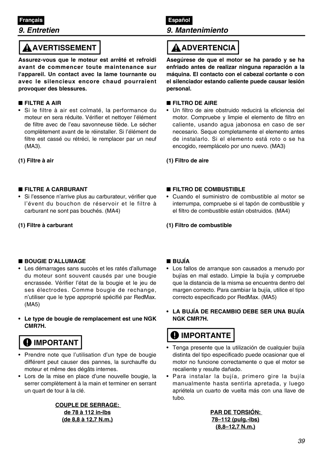 RedMax LRTZ2401-CA manual Filtre a AIR, Filtro DE Aire, Filtre a Carburant Filtro DE Combustible, Bougie D’ALLUMAGE Bujía 