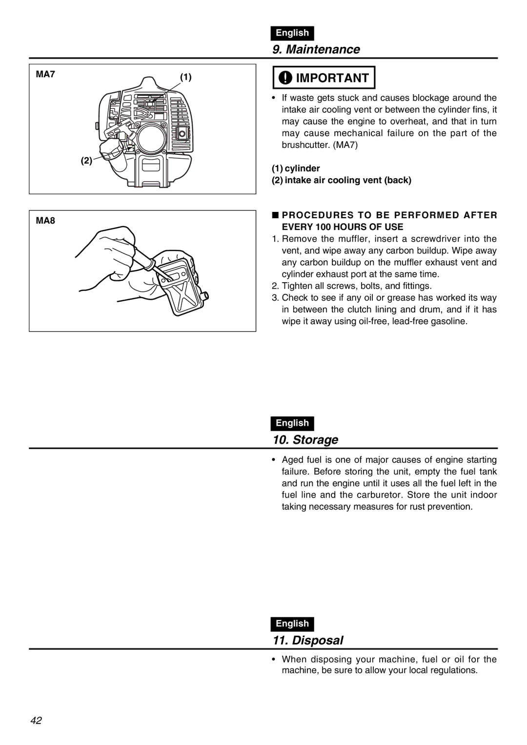 RedMax LRTZ2401-CA manual Storage, Disposal, MA7 MA8, Cylinder Intake air cooling vent back 