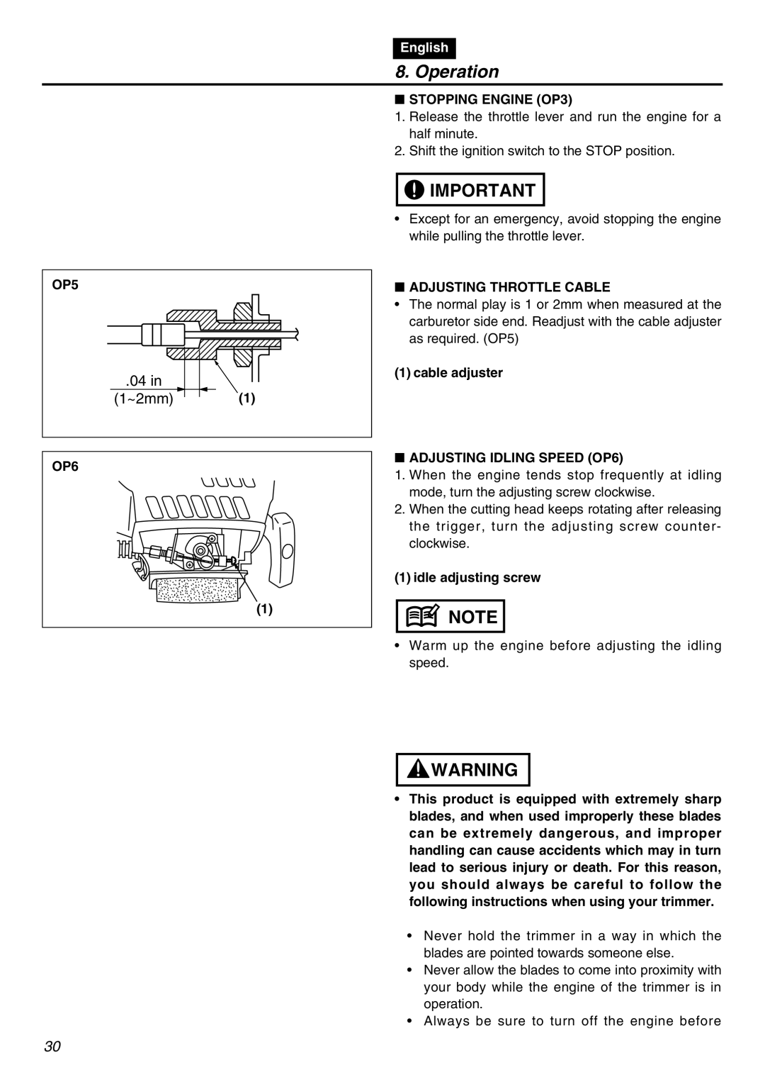 RedMax LRTZ2401 manual OP5, OP6 Stopping Engine OP3, Adjusting Throttle Cable, Adjusting Idling Speed OP6 