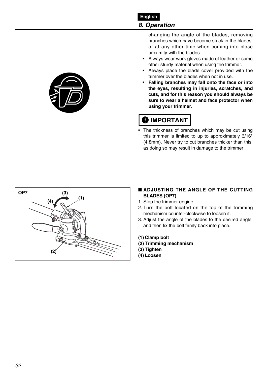 RedMax LRTZ2401 manual OP7 Adjusting the Angle of the Cutting Blades OP7, Clamp bolt Trimming mechanism Tighten Loosen 