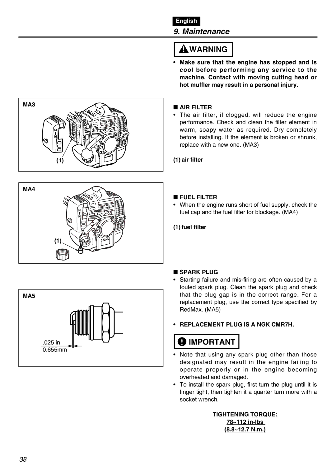 RedMax LRTZ2401 manual MA3 MA4 MA5, AIR Filter, Fuel Filter, Spark Plug, Replacement Plug is a NGK CMR7H, Tightening Torque 