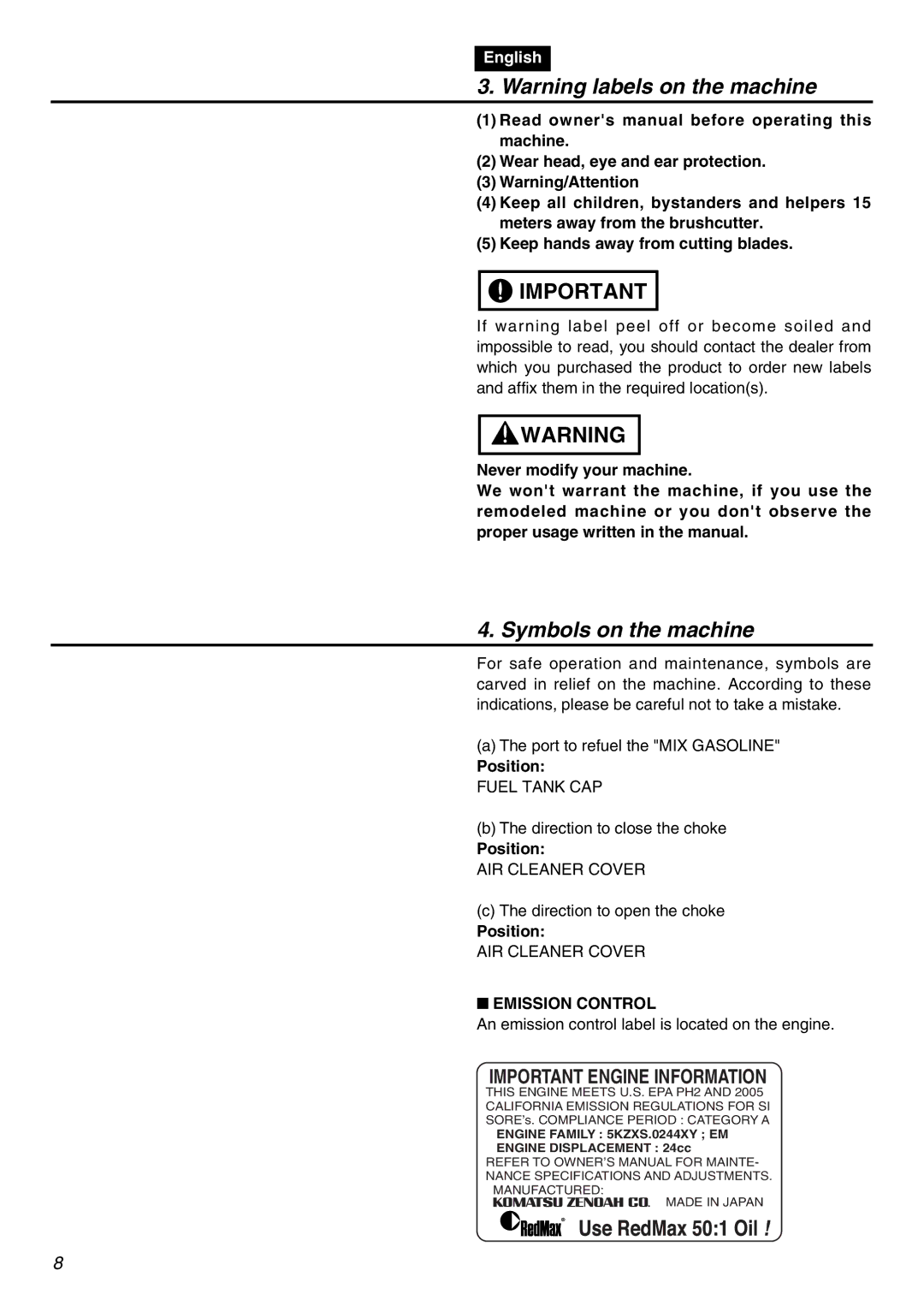 RedMax LRTZ2401 manual Symbols on the machine, Position, Emission Control 