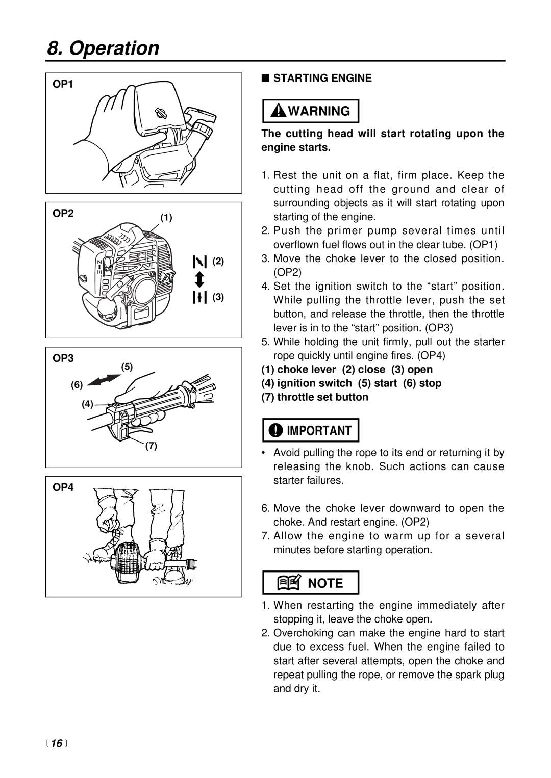 RedMax LRTZ2500 manual Operation, OP1, OP3 OP4 Starting Engine,  16  