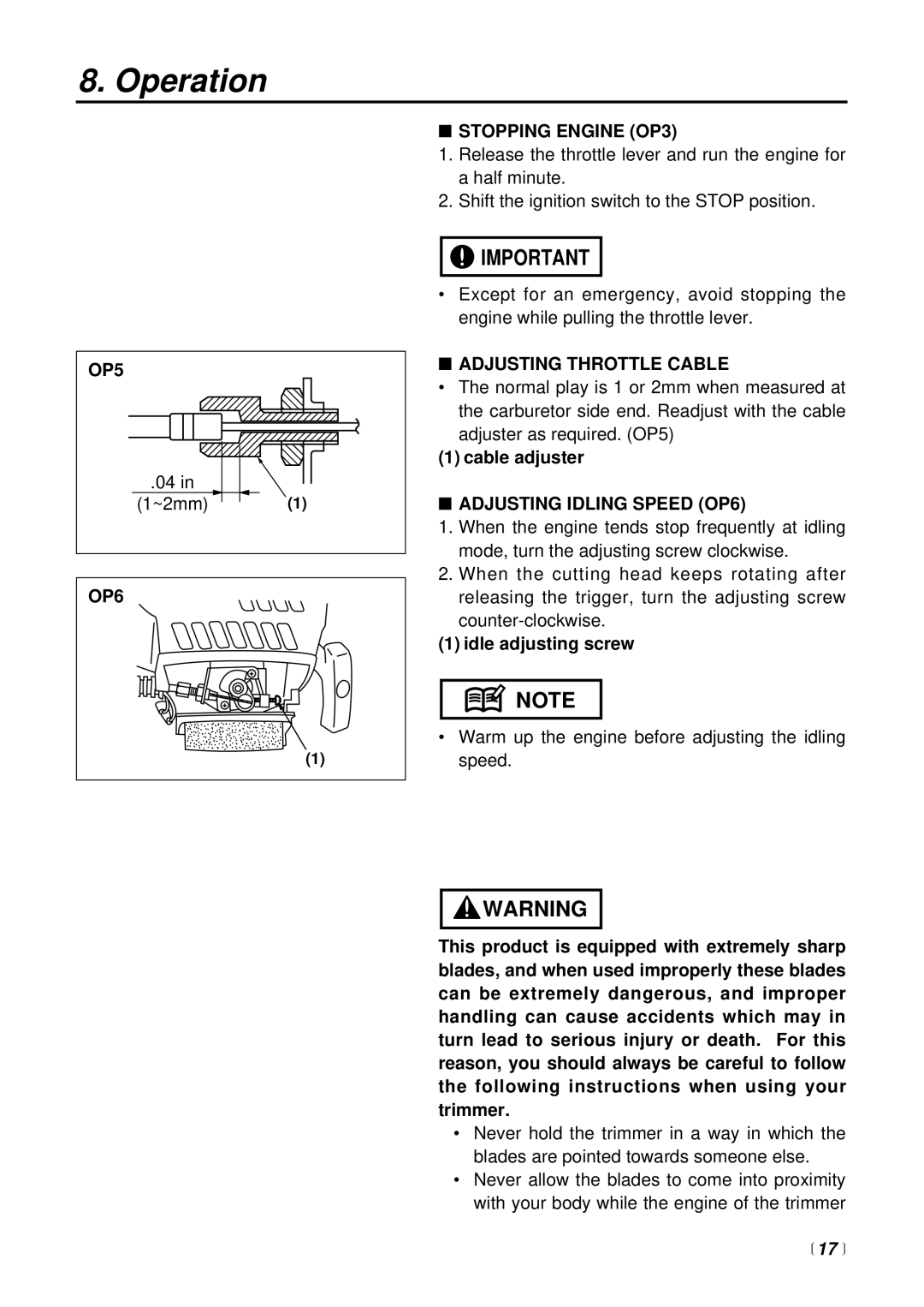 RedMax LRTZ2500 manual OP5, OP6 Stopping Engine OP3, Adjusting Throttle Cable, Adjusting Idling Speed OP6,  17  