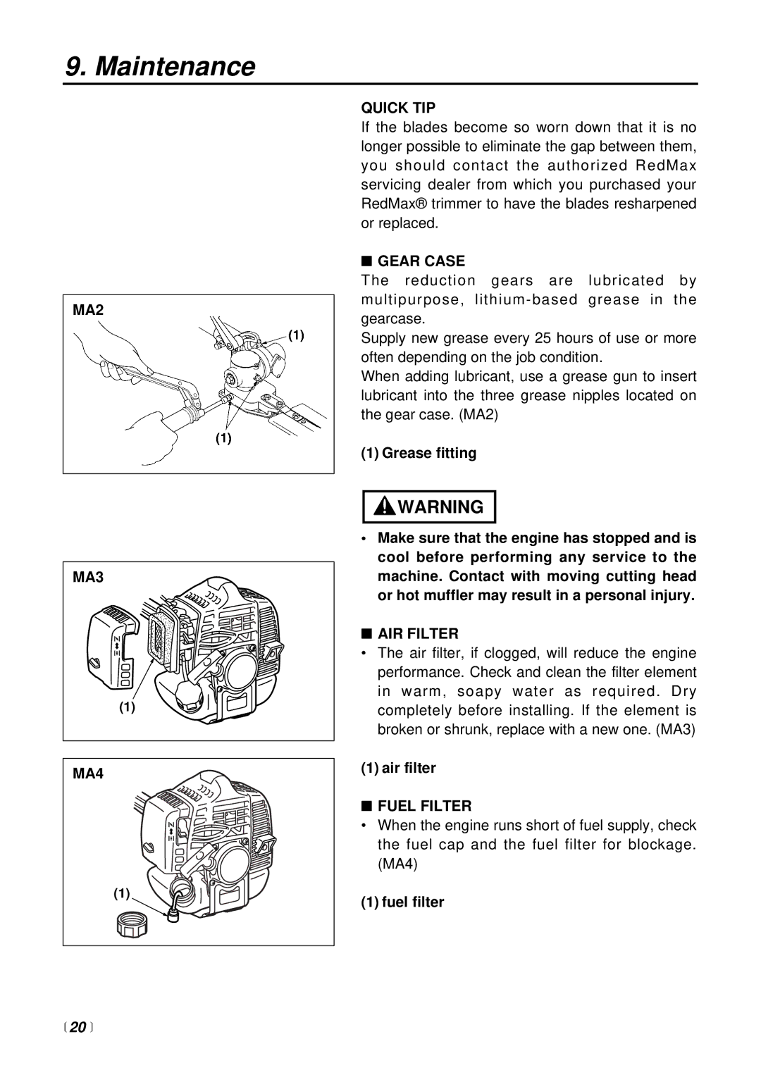 RedMax LRTZ2500 manual MA2 MA3 MA4 Quick TIP, Gear Case, AIR Filter, Fuel Filter,  20  