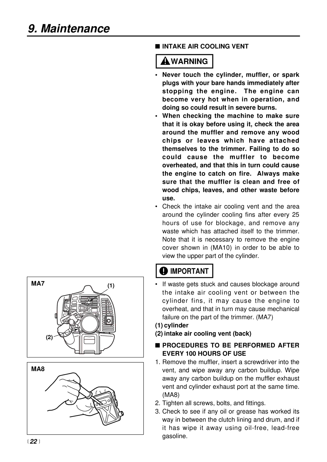 RedMax LRTZ2500 manual MA8,  22 , Intake AIR Cooling Vent, Procedures to be Performed After Every 100 Hours of USE 