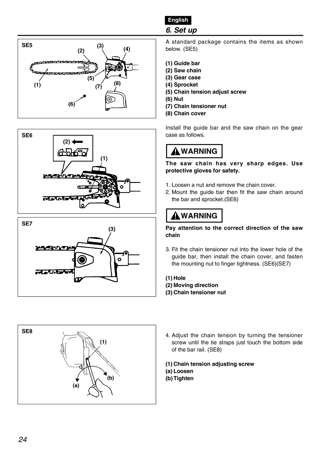 RedMax PSZ2401-CA manual SE5 SE6 SE7 SE8, Pay attention to the correct direction of the saw chain 