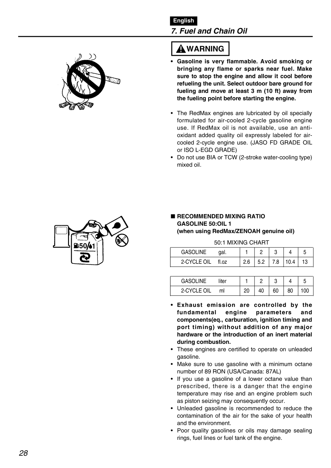 RedMax PSZ2401-CA manual Fuel and Chain Oil, Recommended Mixing Ratio Gasoline 50OIL, When using RedMax/ZENOAH genuine oil 