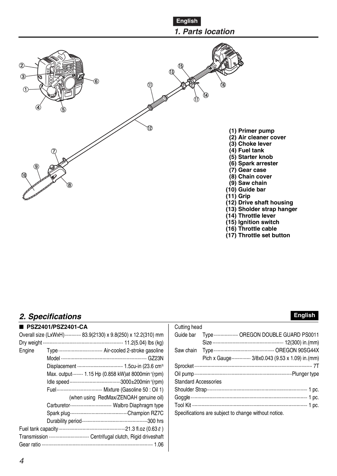 RedMax manual Parts location, Specifications, PSZ2401/PSZ2401-CA 