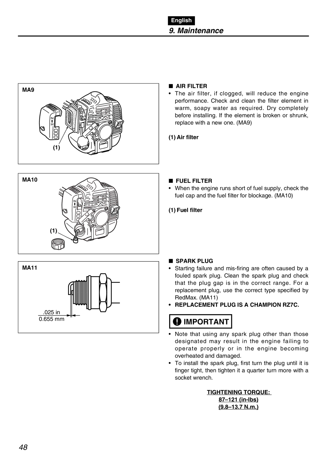 RedMax PSZ2401-CA manual MA9, AIR Filter, Fuel Filter, Spark Plug, Replacement Plug is a Champion RZ7C, Tightening Torque 