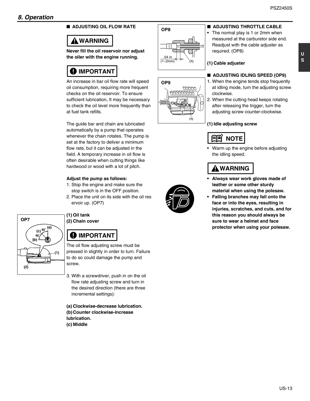 RedMax PSZ2450S manual Adjusting OIL Flow Rate, OP8, Adjusting Throttle Cable, Adjusting Idling Speed OP9, OP7 