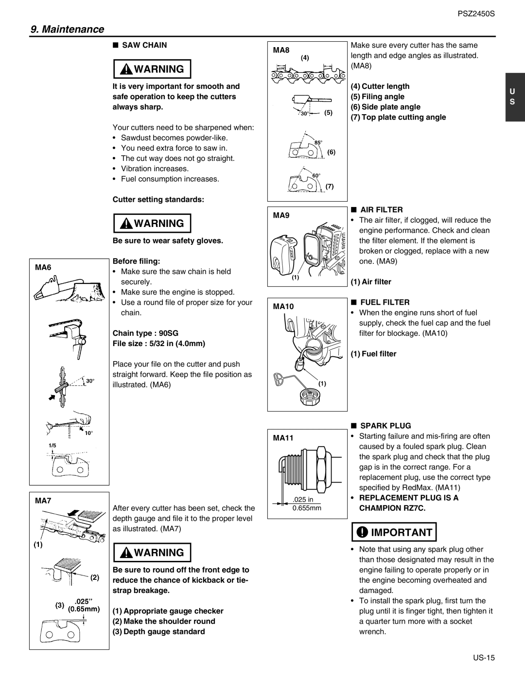 RedMax PSZ2450S SAW Chain, MA8, MA6, MA9 AIR Filter, Fuel Filter, MA7, Spark Plug, Replacement Plug is a Champion RZ7C 