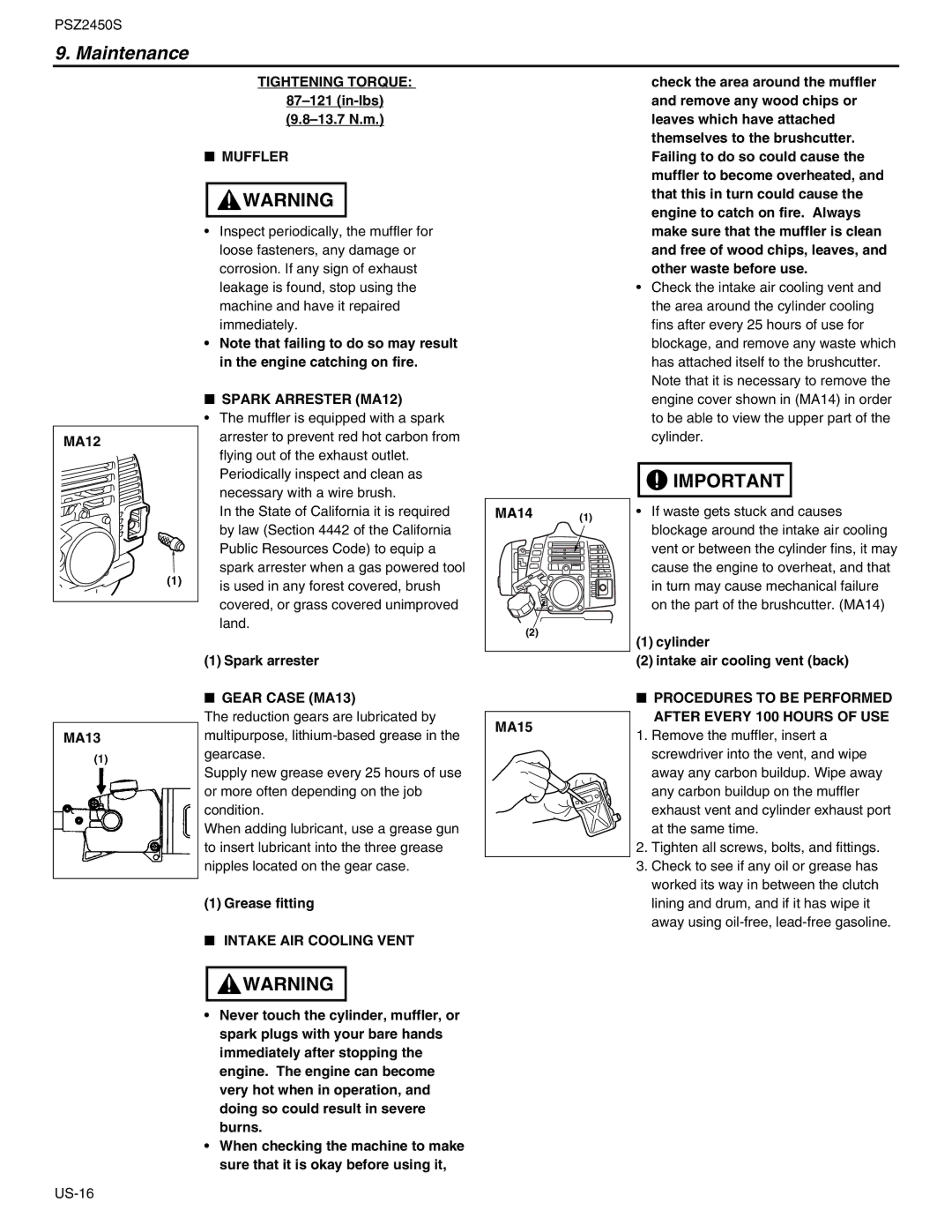 RedMax PSZ2450S manual Tightening Torque, Muffler, Spark Arrester MA12, Gear Case MA13, Intake AIR Cooling Vent 