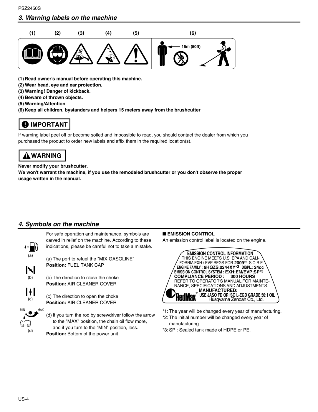 RedMax PSZ2450S manual Symbols on the machine, Emission Control, Manufactured 