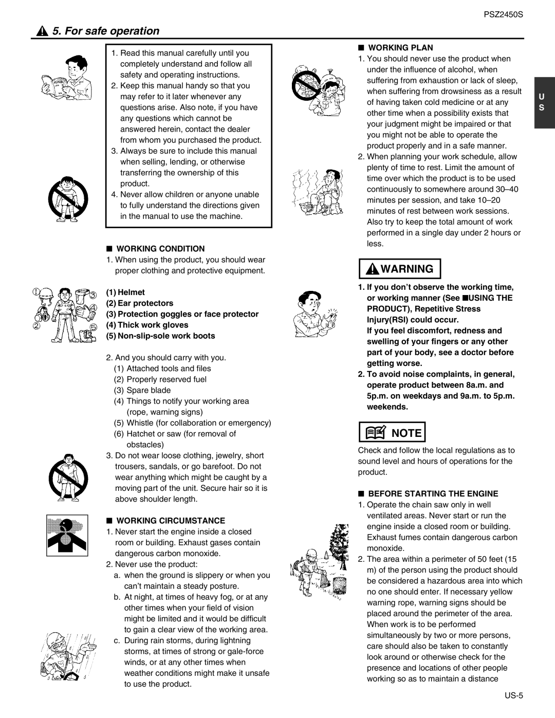 RedMax PSZ2450S For safe operation, Working Condition, Working Circumstance, Working Plan, Before Starting the Engine 