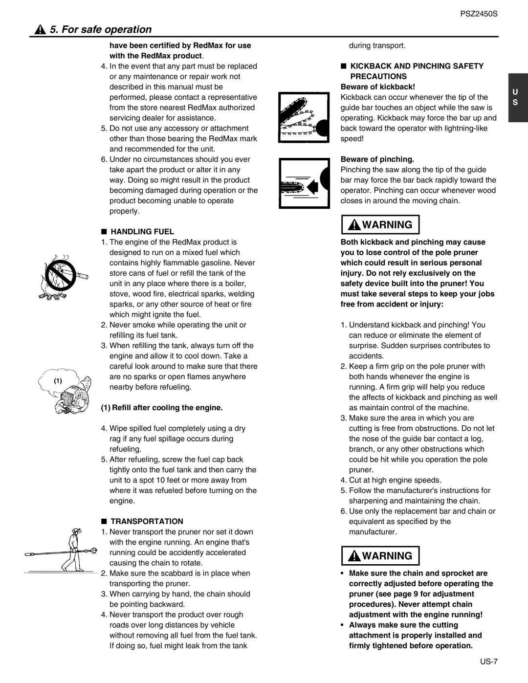 RedMax PSZ2450S manual Kickback and Pinching Safety Precautions, Handling Fuel, Transportation 