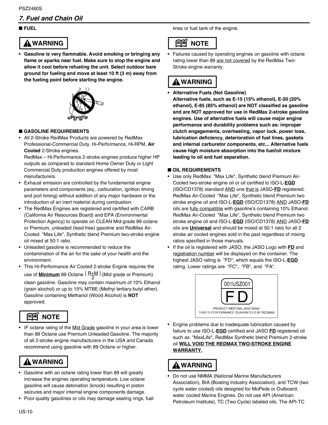 RedMax PSZ2460S manual Fuel and Chain Oil, Gasoline Requirements, OIL Requirements, Warranty 