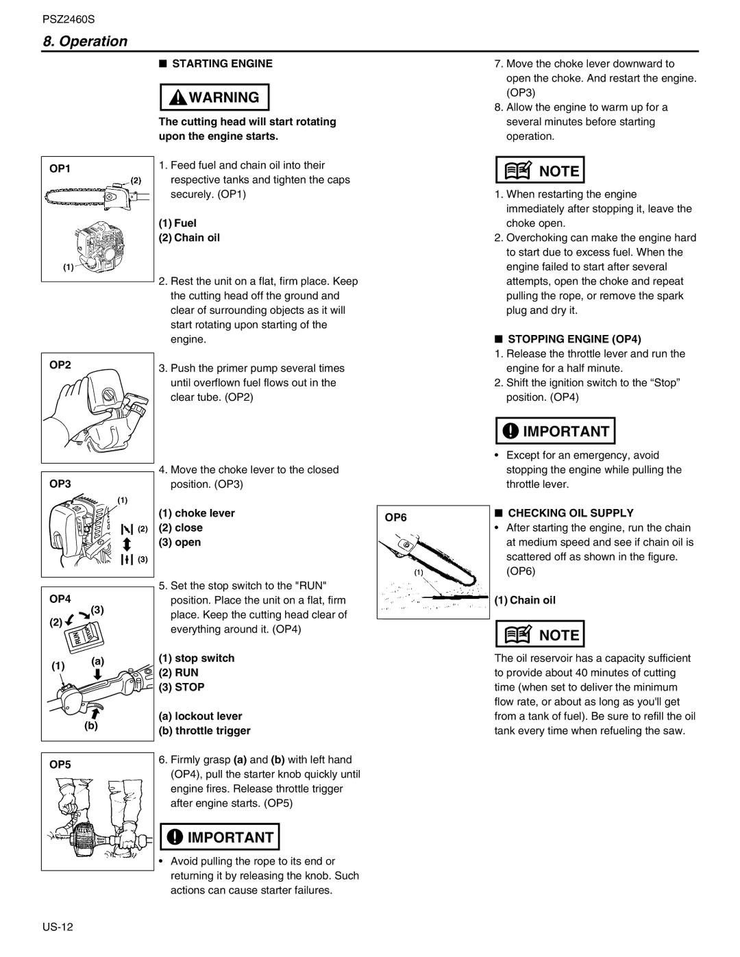 RedMax PSZ2460S manual Operation 