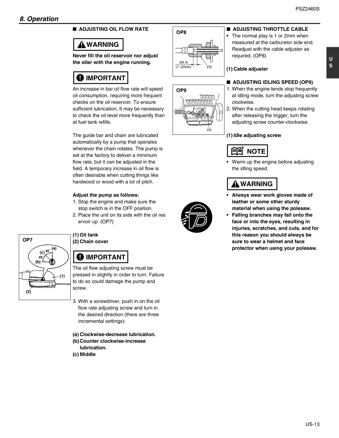 RedMax PSZ2460S manual Adjusting OIL Flow Rate, OP8, Adjusting Throttle Cable, Adjusting Idling Speed OP9, OP7 