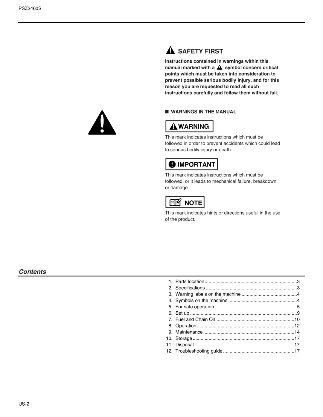 RedMax PSZ2460S manual Contents 