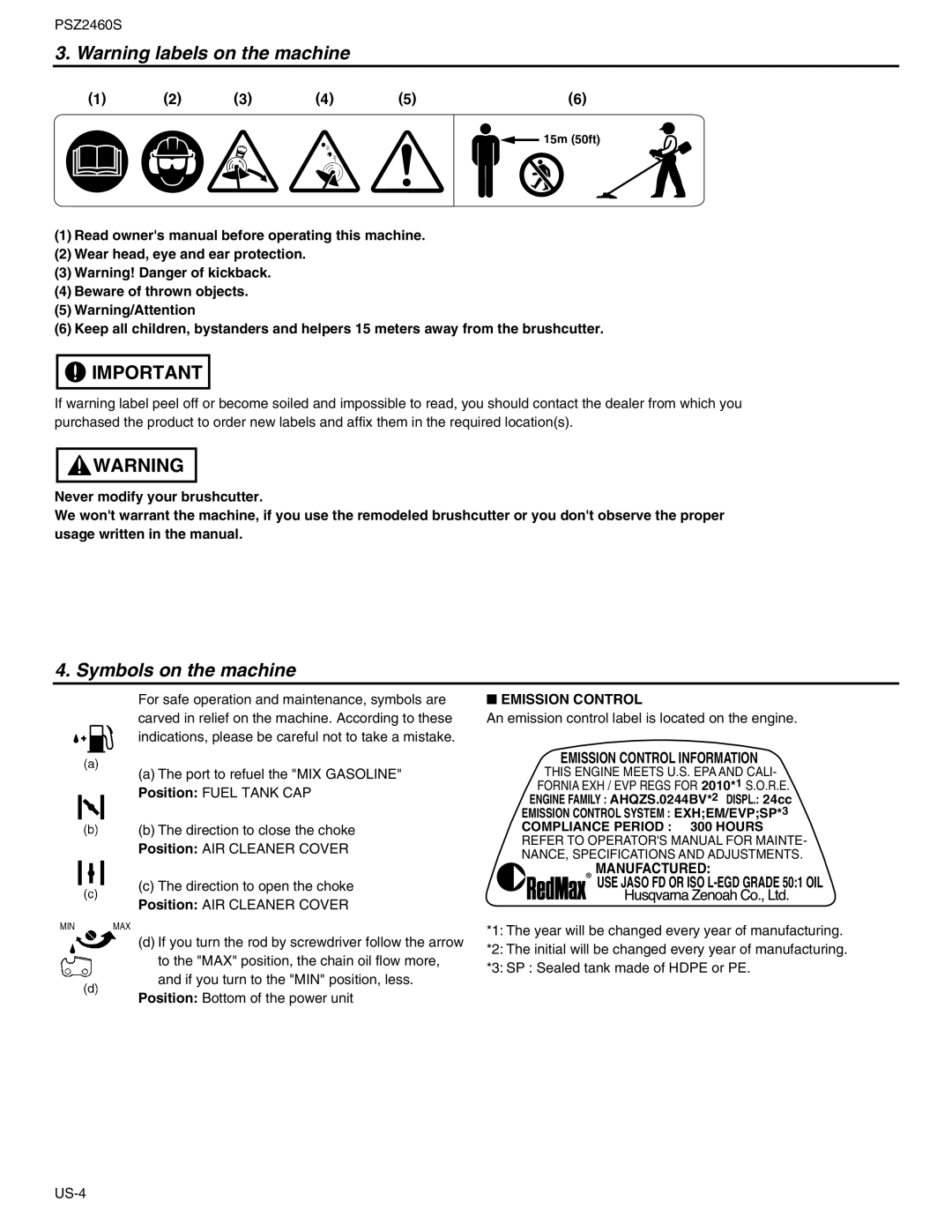 RedMax PSZ2460S manual Symbols on the machine, Emission Control, Manufactured 